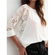 Solid Lace Patchwork Hollow Out Raglan Sleeve T  Shirt